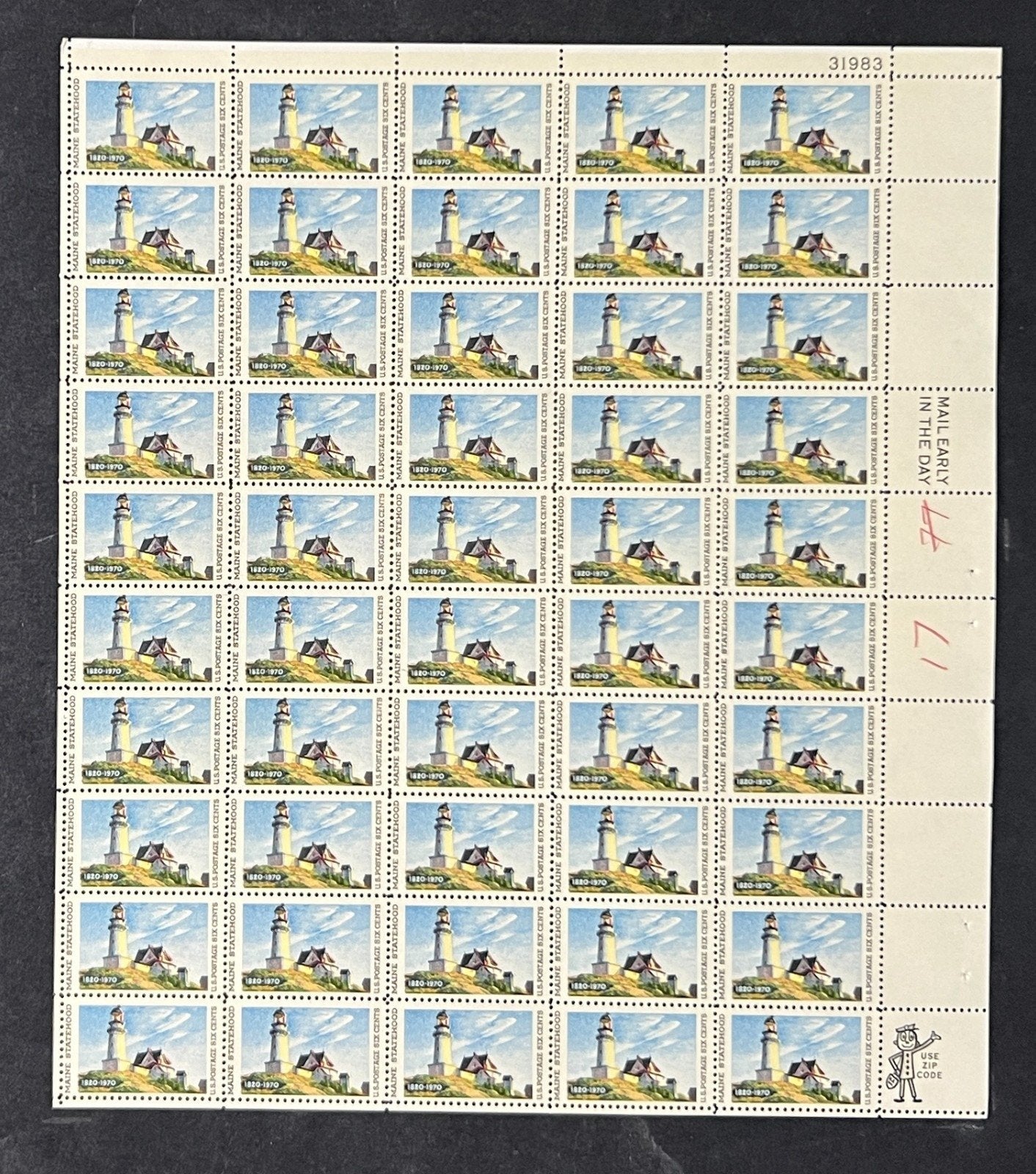 US 1391 Mint Sheet (MNH) Maine Statehood 150th Anniversary 6-Cent 1970 ZAYIX