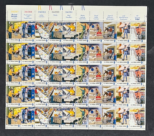US 1489-1498 Mint Sheet (MNH) Postal Employees (PB20) 8-Cent 1973 ZAYIX
