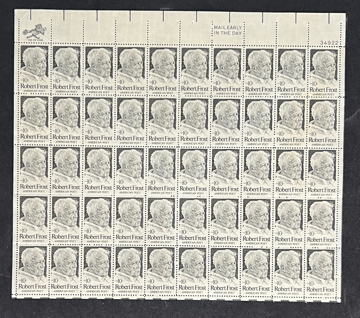 US 1526 Mint Sheet (MNH) Robert Frost Poet 10-Cent 1974 P#34922 ZAYIX