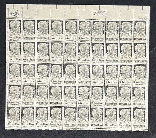 US 1526 Mint Sheet (MNH) Robert Frost Poet 10-Cent 1974 P#34922 ZAYIX