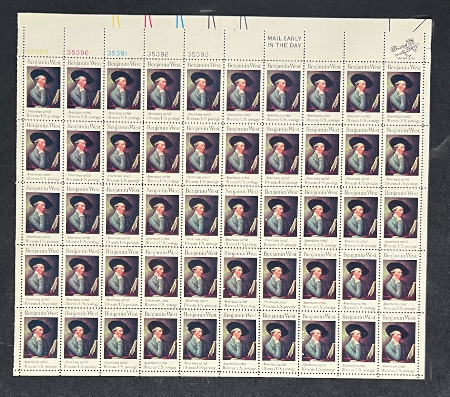 US 1553 Mint Sheet (MNH) Bejamin West Self Portrait (PB10) 10-Cent 1975 ZAYIX