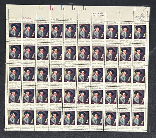 US 1553 Mint Sheet (MNH) Bejamin West Self Portrait (PB10) 10-Cent 1975 ZAYIX