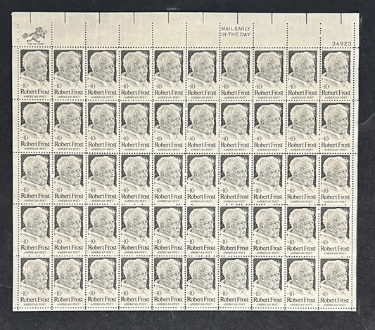 US 1526 Mint Sheet (MNH) Robert Frost Poet 10-Cent 1974 P#34923 ZAYIX
