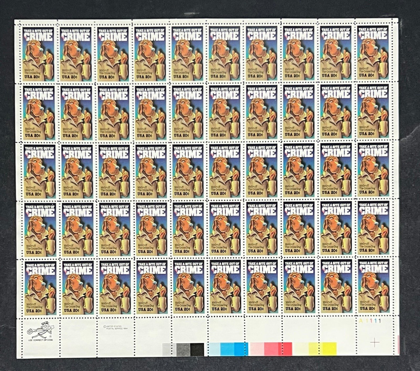 US 2102 Mint Sheet (MNH) Crime Prevention McGruff Crime Dog 20-Cent 1984 ZAYIX