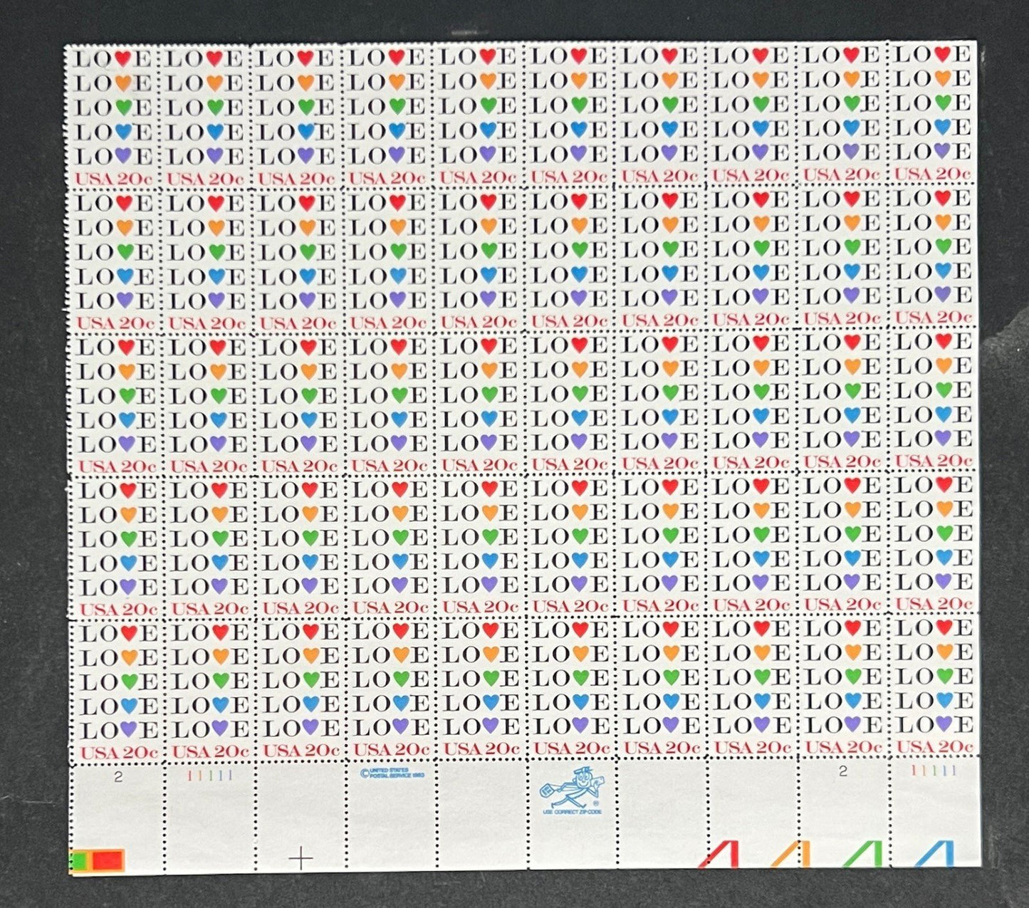 US 2072 Mint Sheet (MNH) Love Hearts (PB20) 20-Cent 1984 ZAYIX