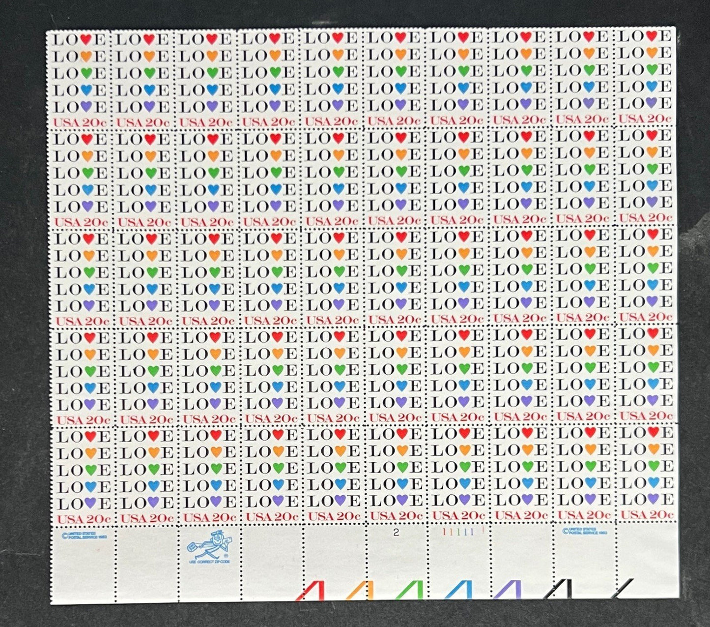 US 2072 Mint Sheet (MNH) Love Hearts (PB20) 20-Cent 1984 ZAYIX