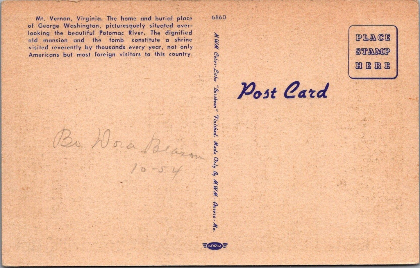 Mount Vernon 16 Miles South of Washington DC MVM Postcard ZAYIX 083022PC17
