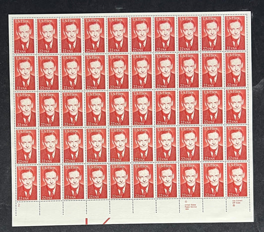 US 2239 Mint Sheet (MNH) T.S. Eliot Poet 22-Cent 1986 ZAYIX