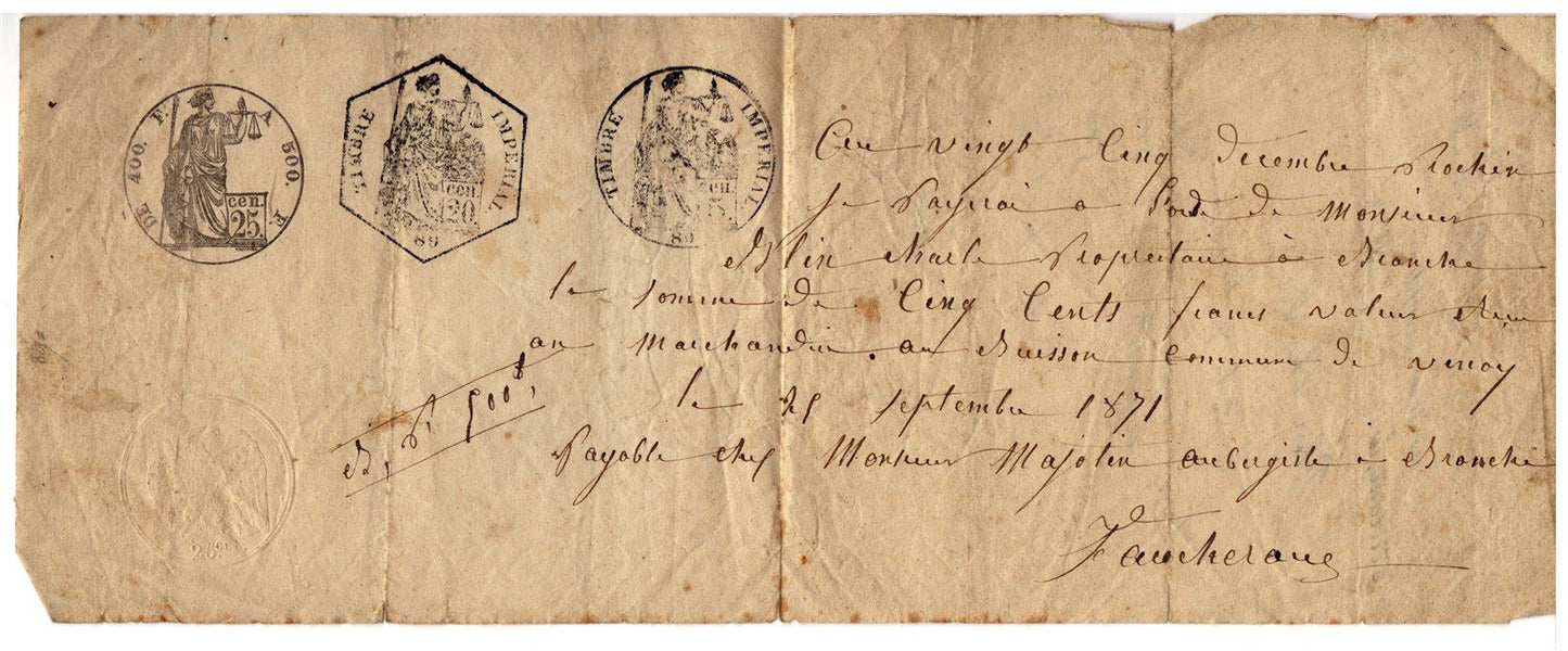 France Revenue Stamped Paper Third Republic 1871 3 ink 1 embossed Folded ZAYIX