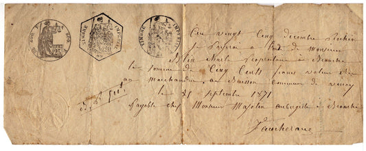 France Revenue Stamped Paper Third Republic 1871 3 ink 1 embossed Folded ZAYIX