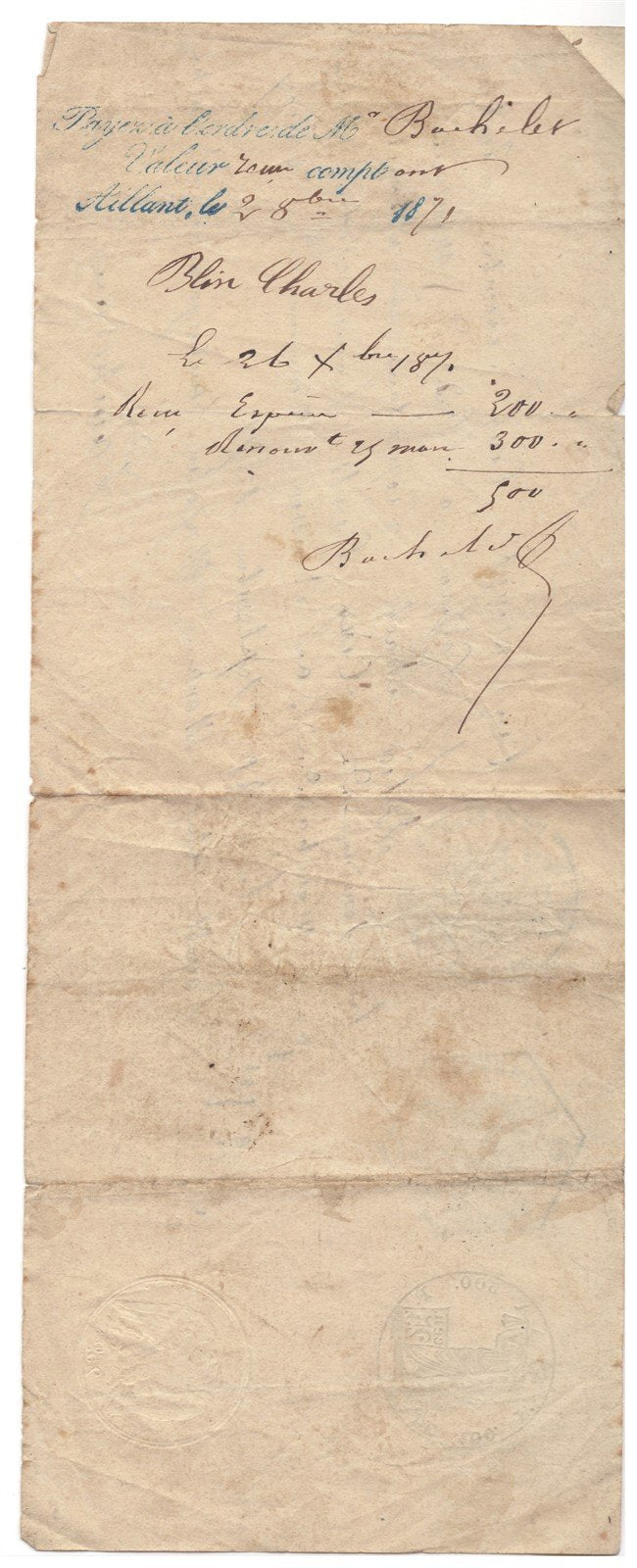 France Revenue Stamped Paper Third Republic 1871 3 ink 1 embossed Folded ZAYIX