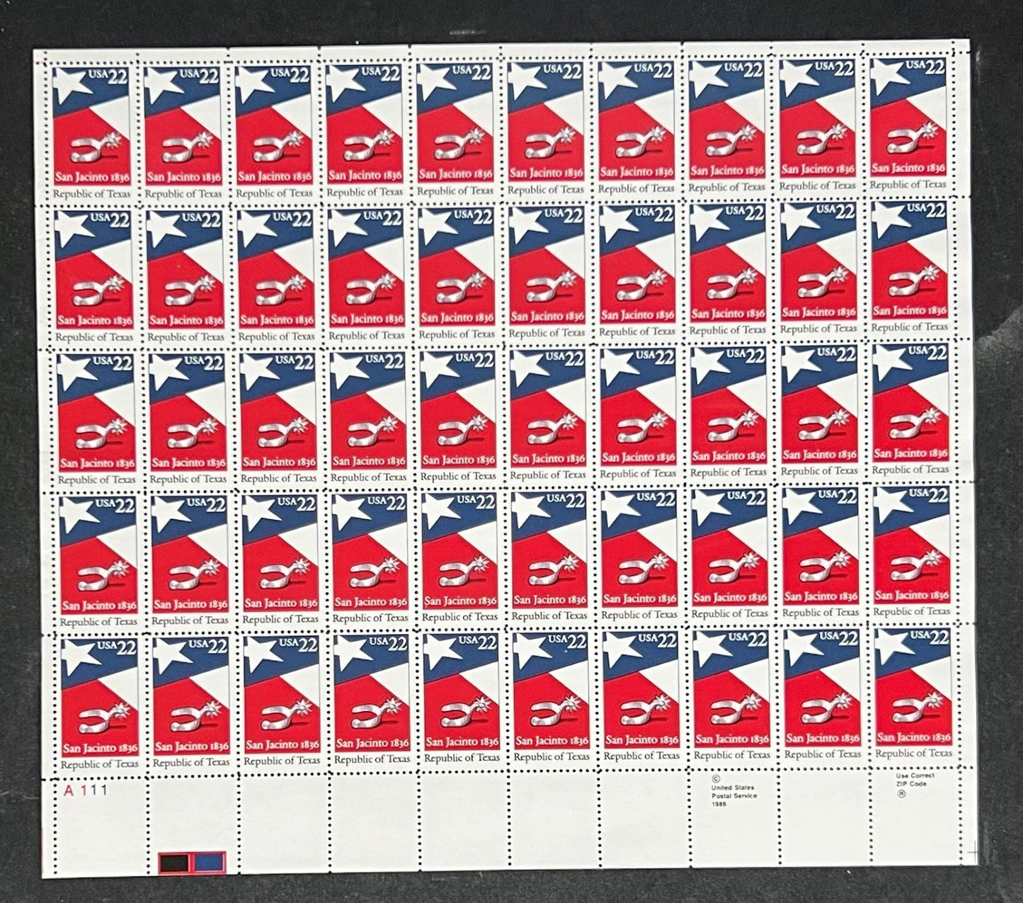 US 2204 Mint Sheet (MNH) Republic of Texas 150th Anniversary 22-Cent 1986 ZAYIX