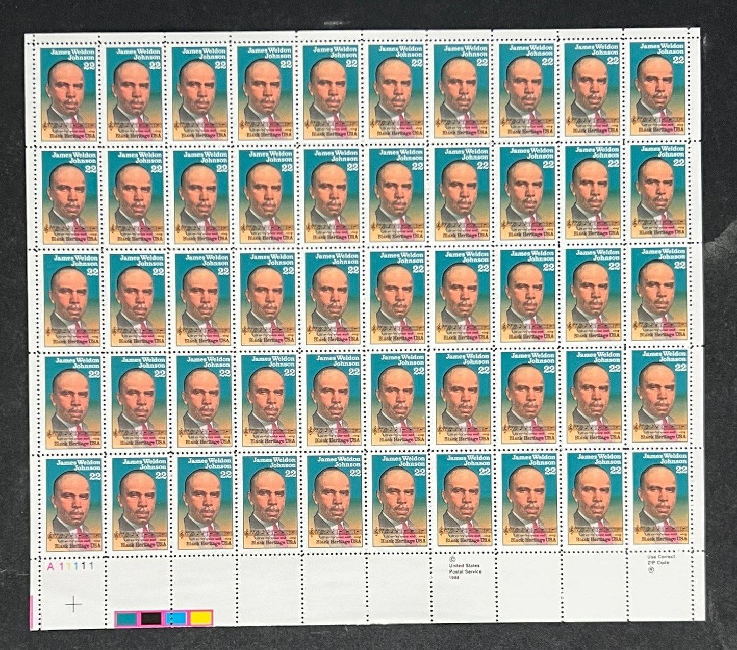 US 2371 Mint Sheet (MNH) James Weldon johnson Author 22-Cent 1988 ZAYIX