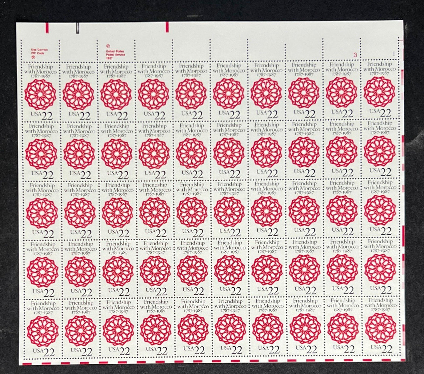 US 2349 Mint Sheet (MNH) U.S. Morocco Diplomatic Relations 22-Cent 1987 ZAYIX
