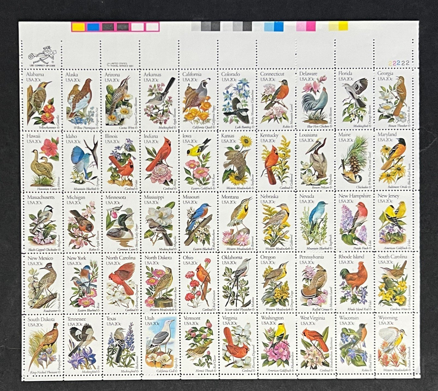 US 1953-2002 Mint Sheet (MNH) State Birds & Flowers 20-Cent 1982 ZAYIX