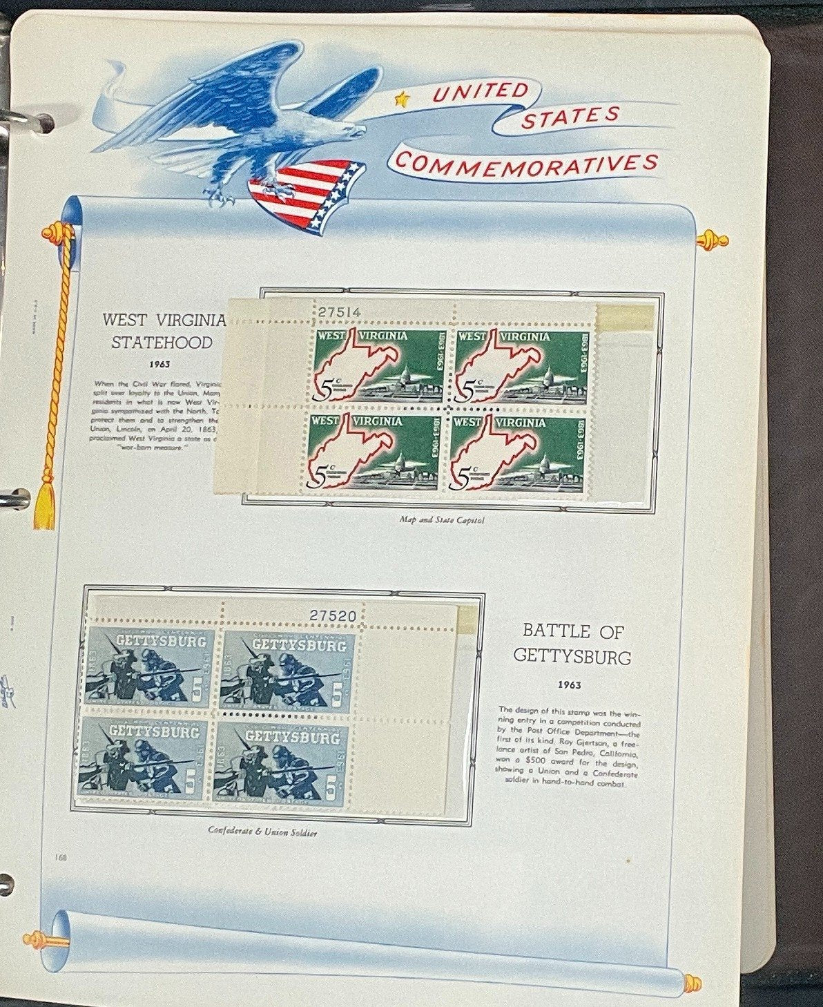 United States Plate Block Stamp Collection Album White Ace (MNH) 1918-1963 ZAYIX