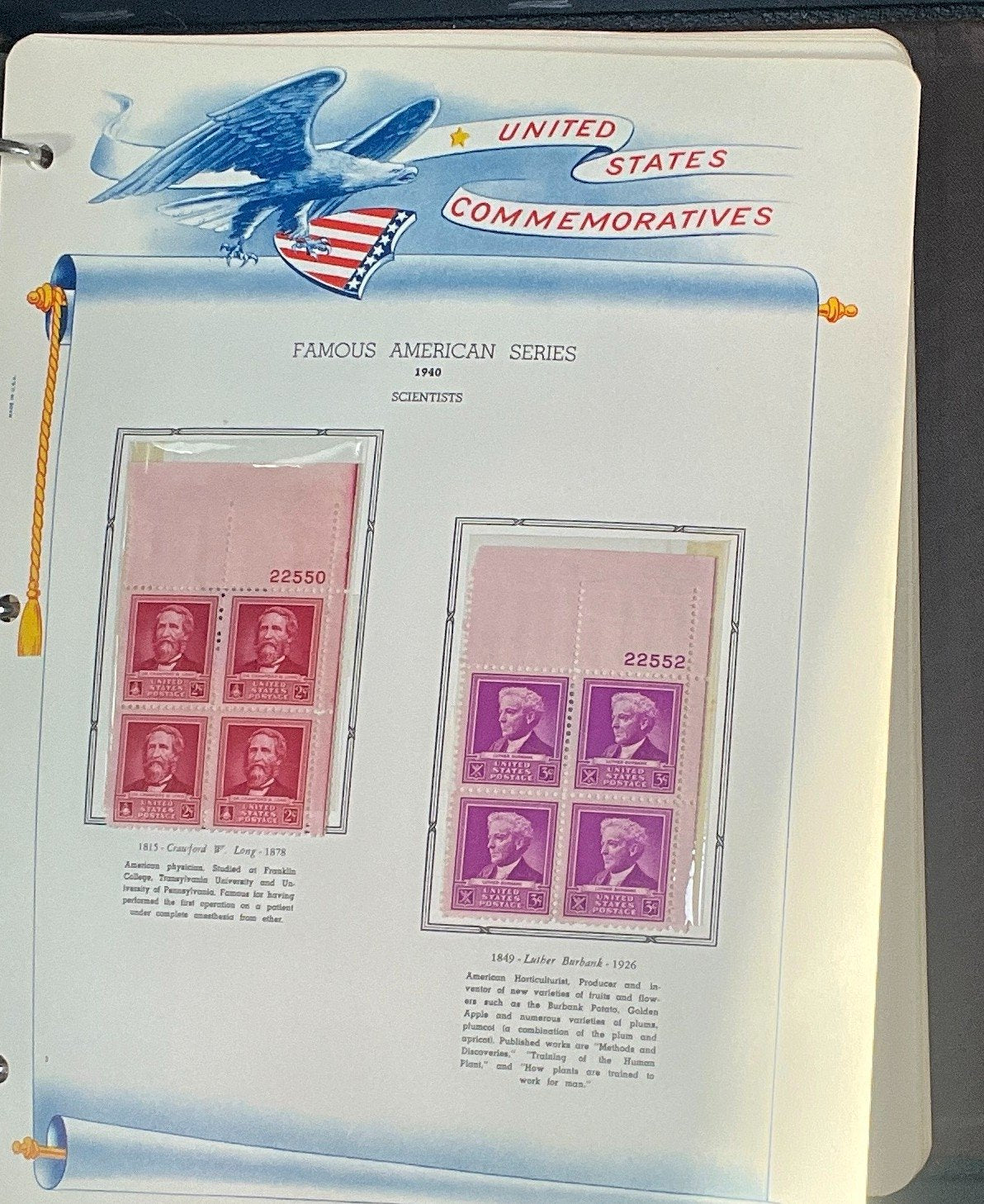United States Plate Block Stamp Collection Album White Ace (MNH) 1940-1952 ZAYIX
