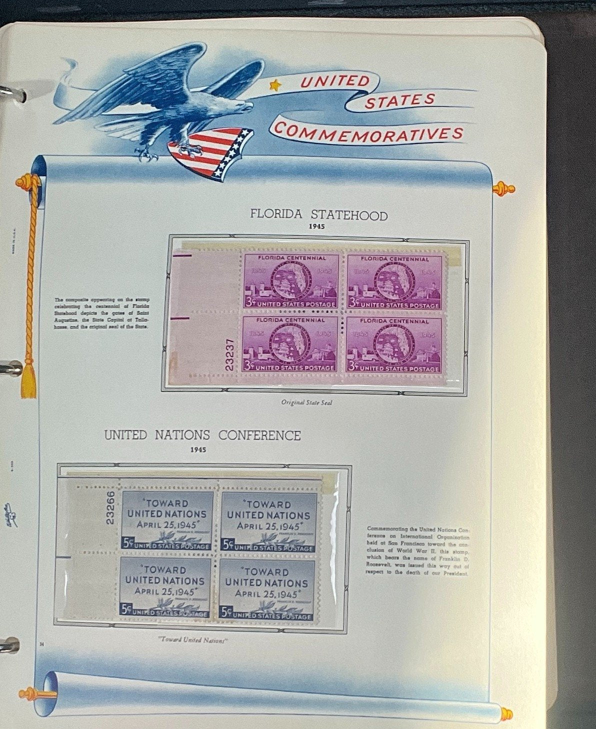 United States Plate Block Stamp Collection Album White Ace (MNH) 1940-1952 ZAYIX