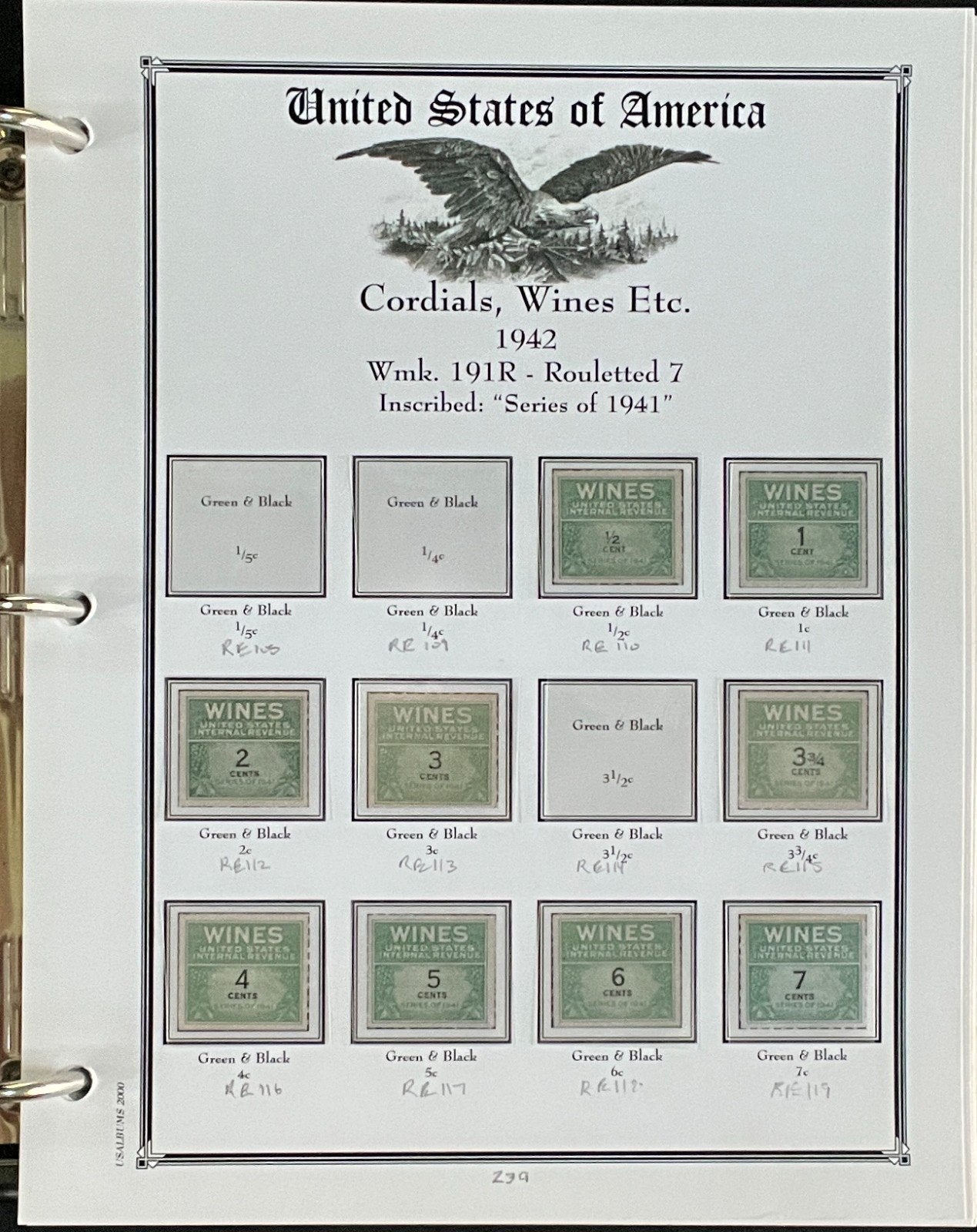 U.S. Distilled Spirits & Excise Tax Stamps Album 239 Color Pages 1914-1970 ZAYIX