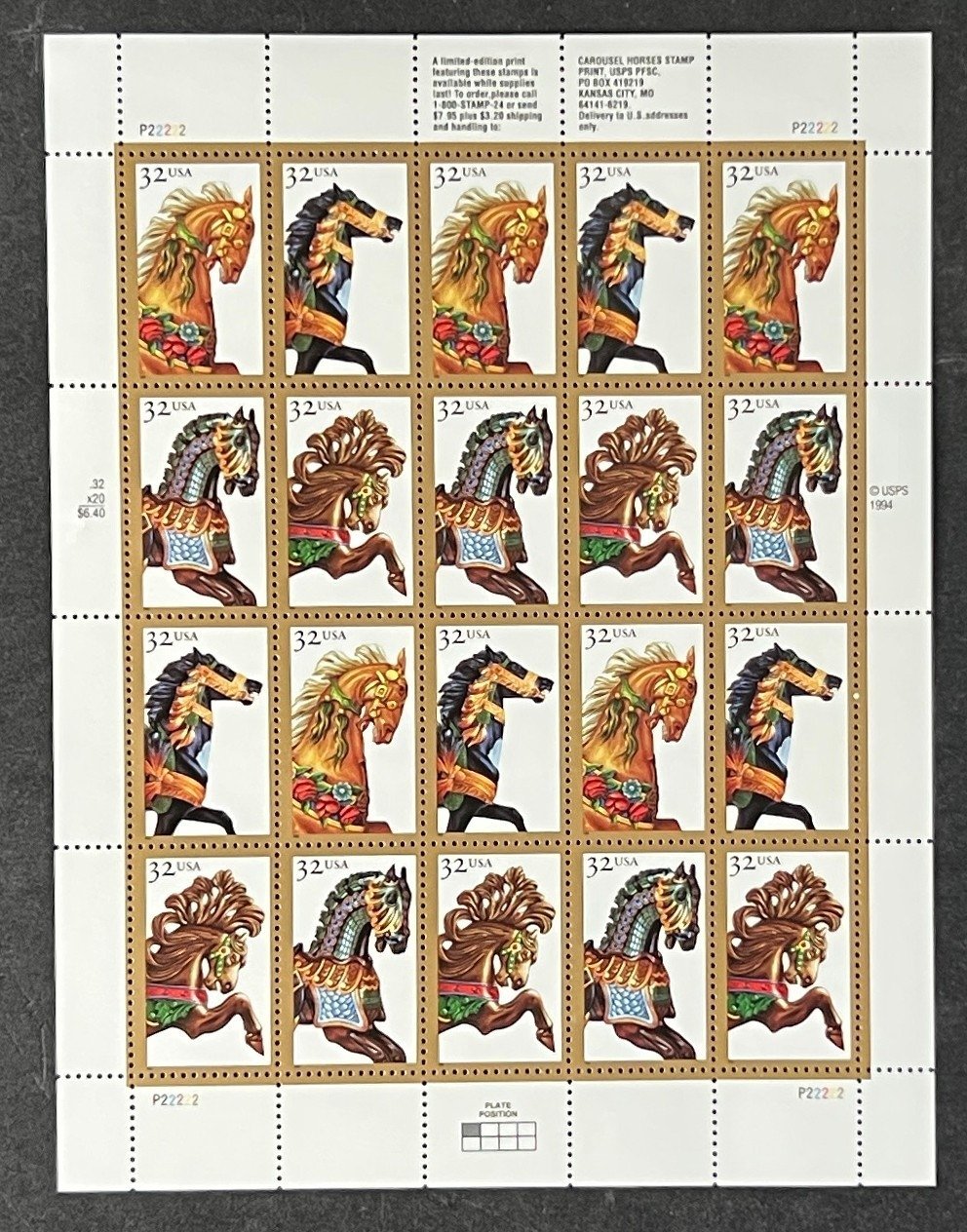 US 2976-2979 Mint Sheet (MNH) Carousel Horses 32-Cent 1995 ZAYIX