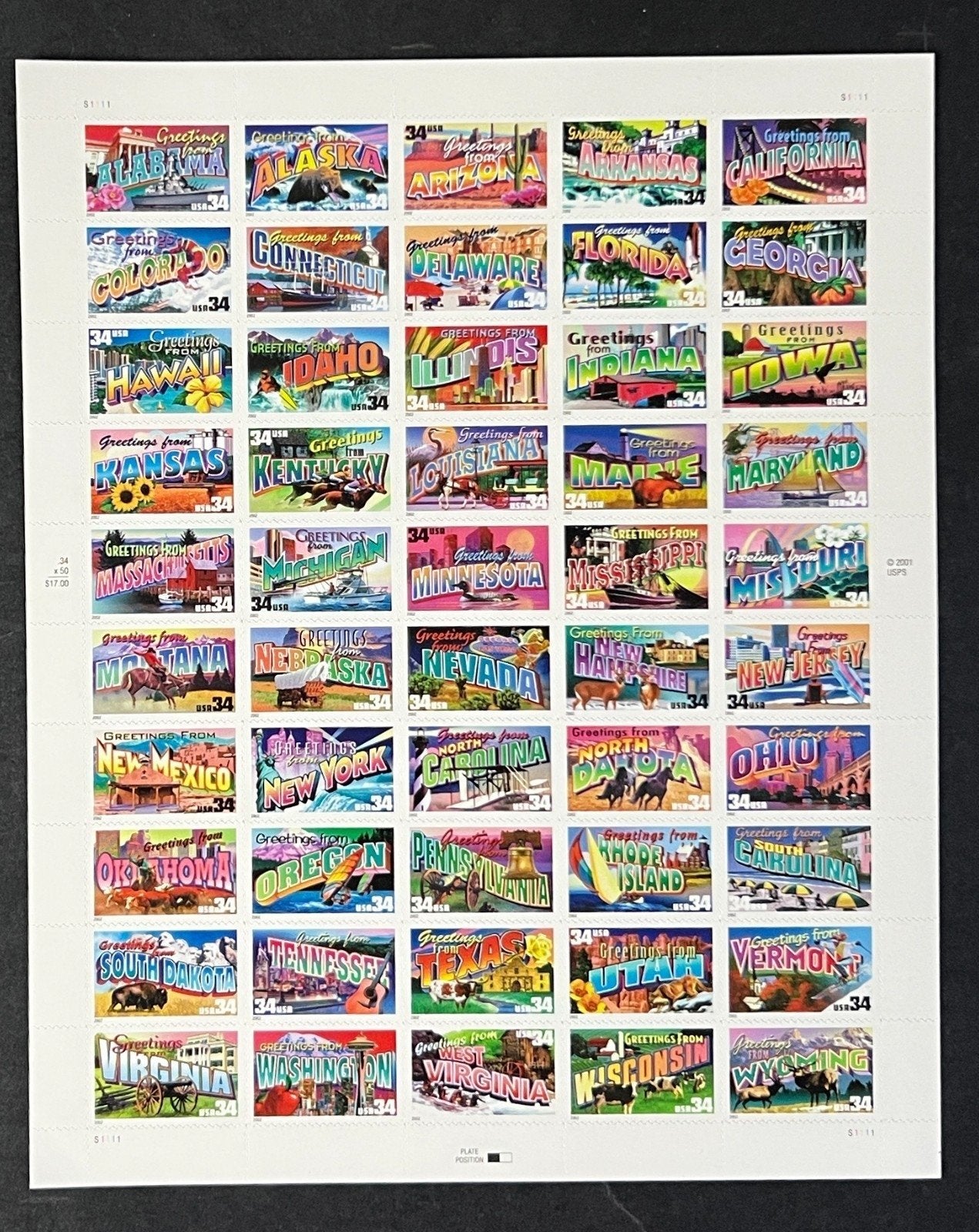 US 3561-3610 Mint Sheet (MNH) 50 States Greeting Card 34-Cent 2002 ZAYIX