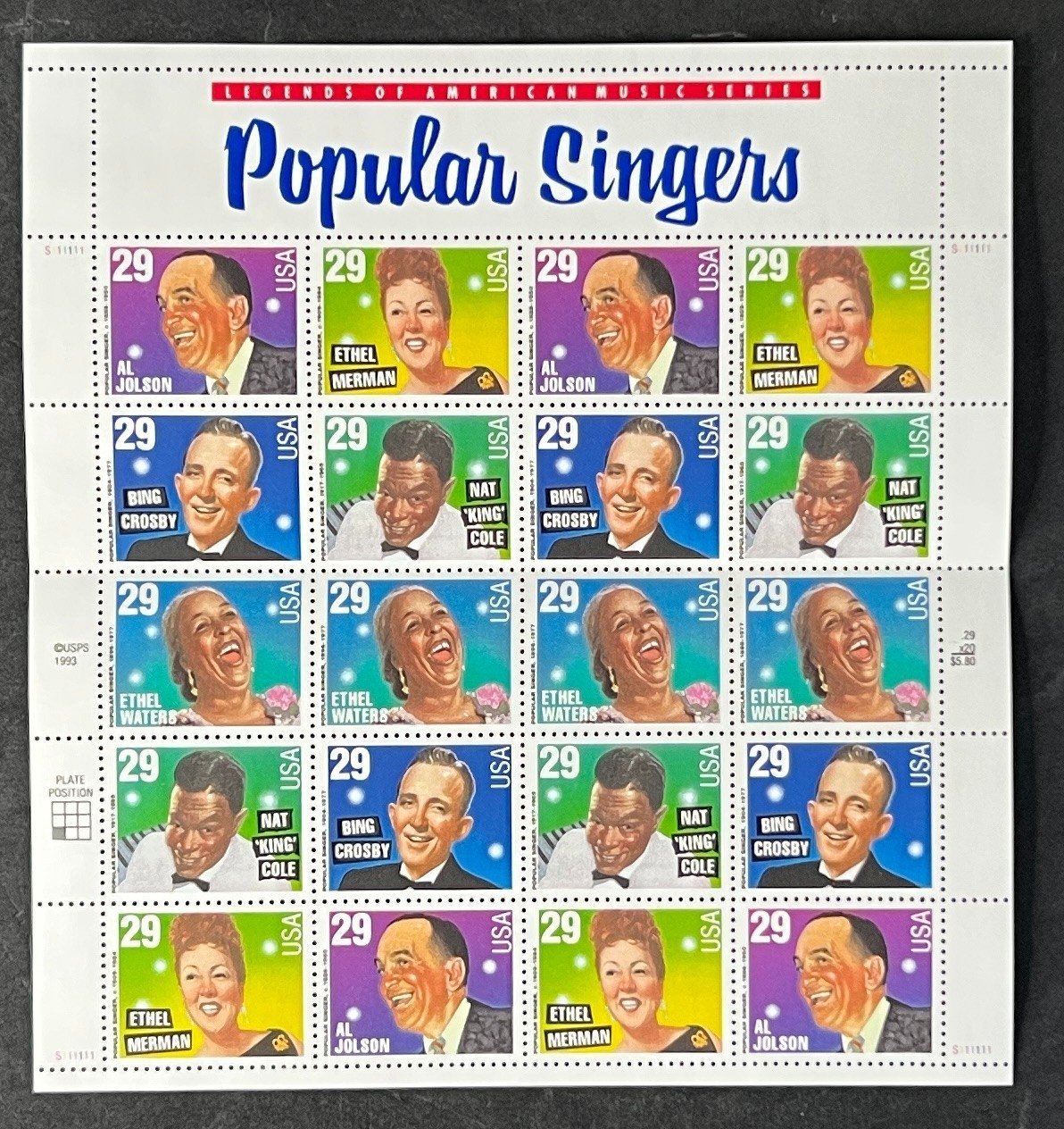 US 2849-2853 Mint Sheet (MNH) Popular Singers (PB6) 29-Cent 1994 ZAYIX