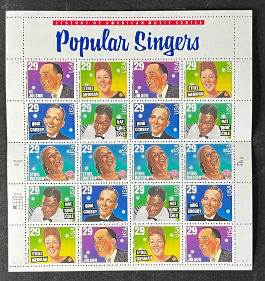 US 2849-2853 Mint Sheet (MNH) Popular Singers (PB6) 29-Cent 1994 ZAYIX