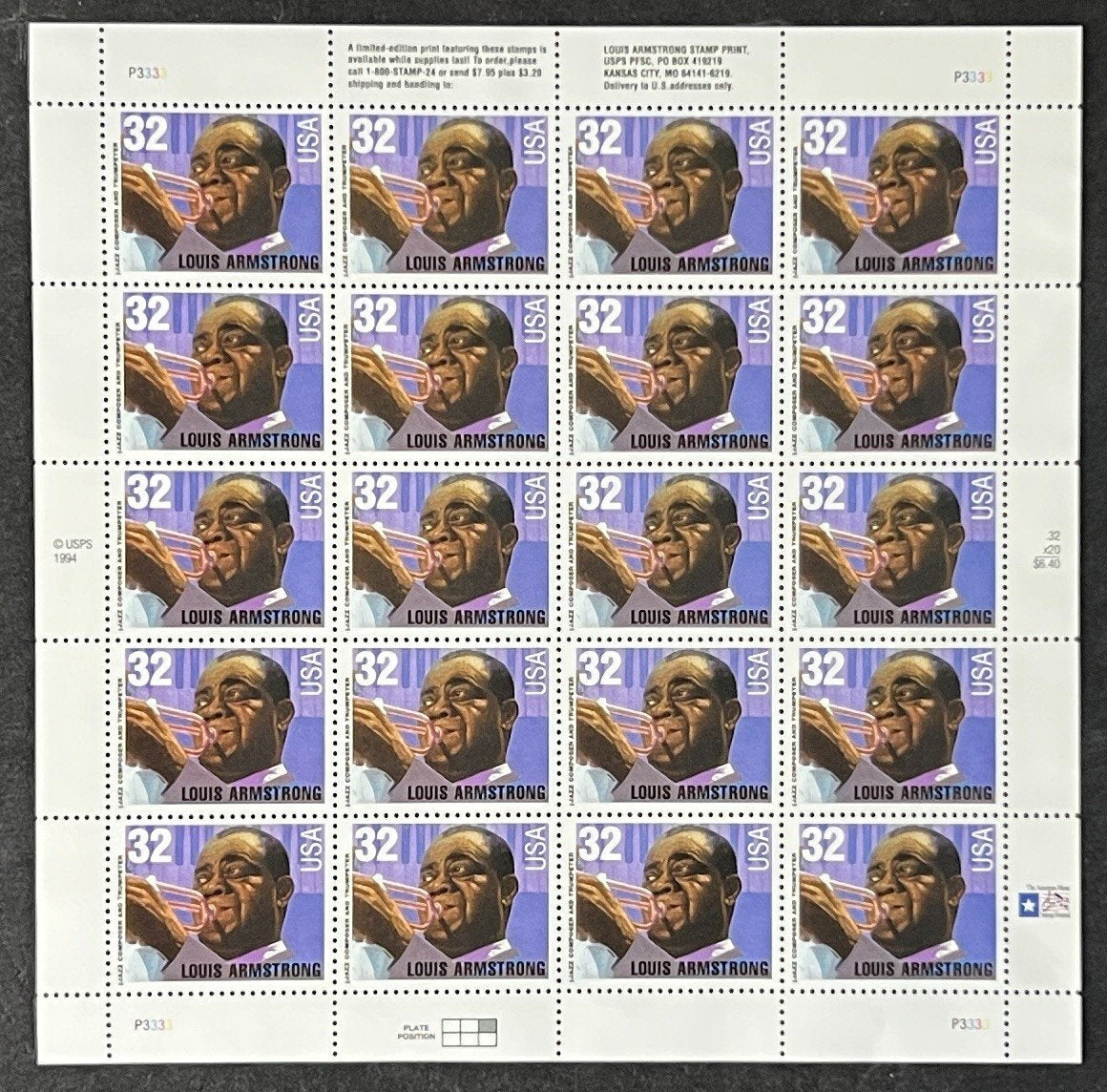 US 2982 Mint Sheet (MNH) Louis Armstrong Jazz 32-Cent 1995 ZAYIX