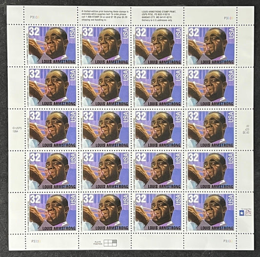 US 2982 Mint Sheet (MNH) Louis Armstrong Jazz 32-Cent 1995 ZAYIX