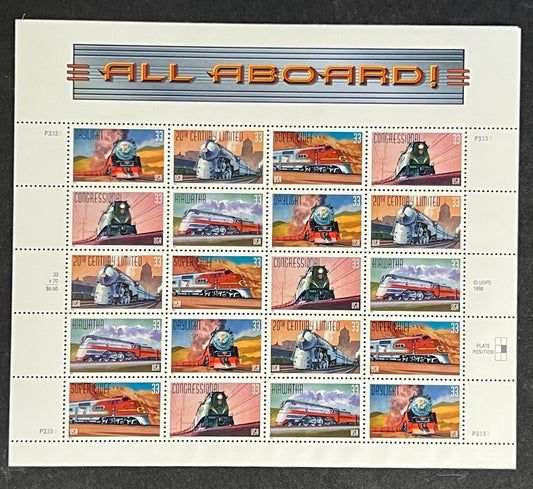 US 3333-3337 Mint Sheet (MNH) All Aboard Trains (PB10) 33-Cent 1999 ZAYIX