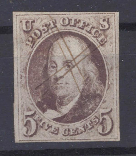 US 1a used FVF, pen cancel 1847 5-cent dark brown Benjamin Franklin ZAYIX