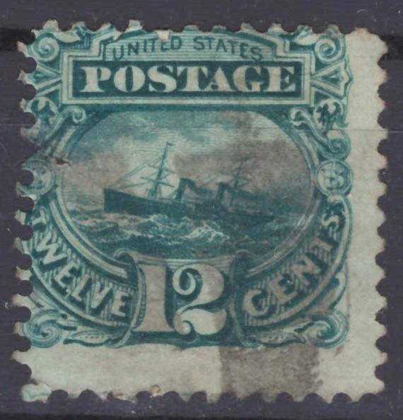 US 117 Used F 1869 12c green SS Adriatic ship, thin & tiny pinhole CV $130 ZAYIX