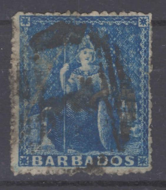 Barbados 11 Used FVF 1859 1p blue seated Britannia pin-perf 14 ZAYIX