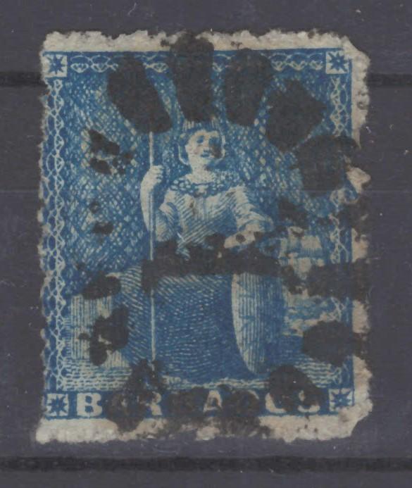 Barbados 11 Used F faults CV $175, 1859 1p seated Britannia pin-perf 14 ZAYIX