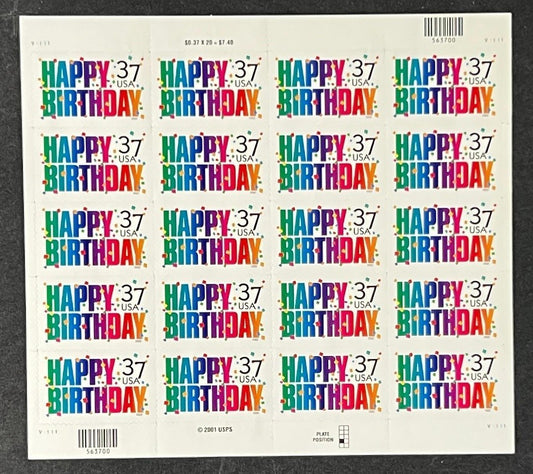 US 3695 Mint Sheet (MNH) Happy Birthday 37-Cent 2002 ZAYIX