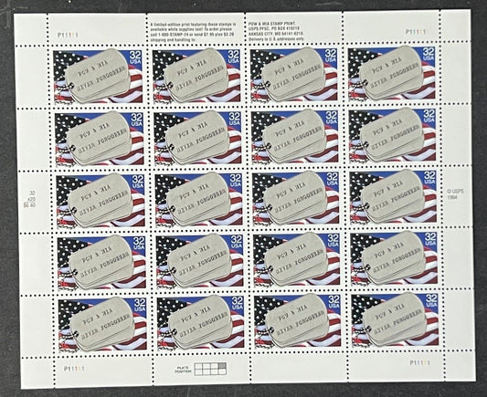 US 2966 Mint Sheet (MNH) Prisoners of War & Missing in Action 32-Cent 1995 ZAYIX