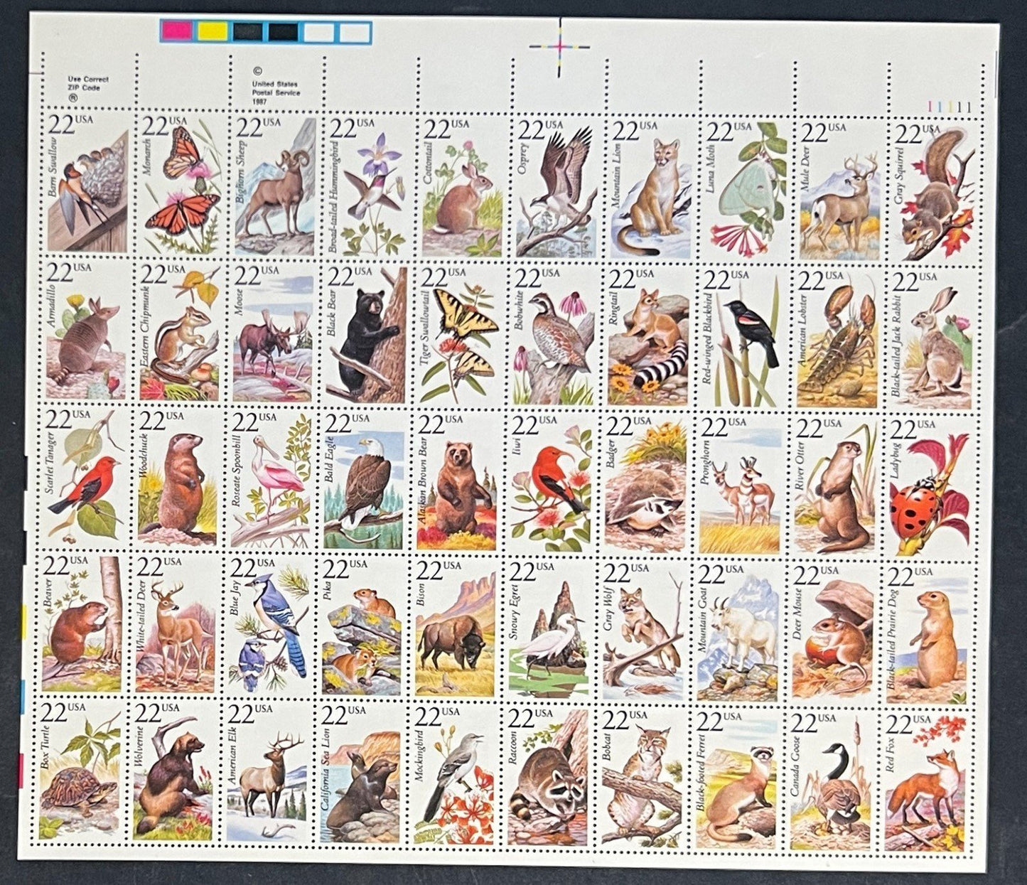 US 2286-2335 Mint Sheet (MNH) North American Wildlife 22-Cent 1987 ZAYIX