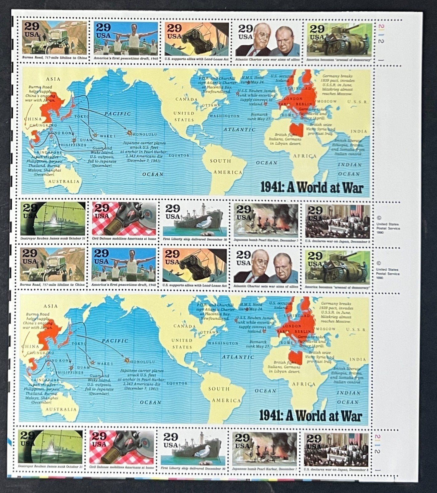 US 2559 Mint Sheet (MNH) World War 2 Events A World at War 29-Cent 1991 ZAYIX