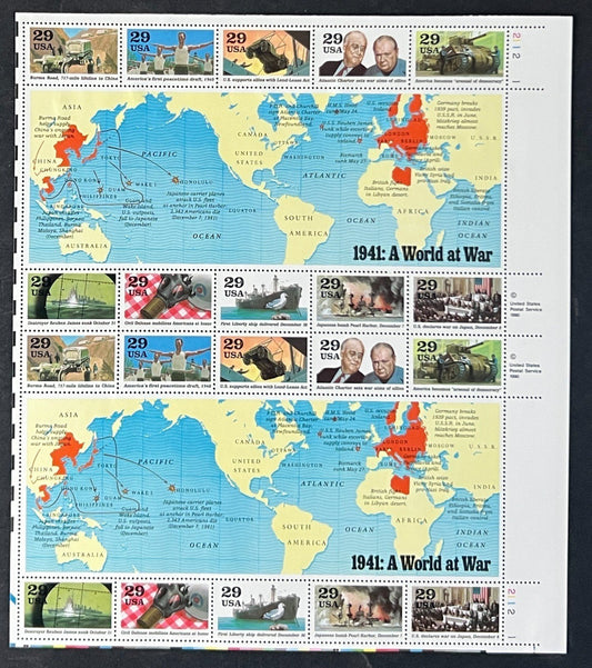 US 2559 Mint Sheet (MNH) World War 2 Events A World at War 29-Cent 1991 ZAYIX