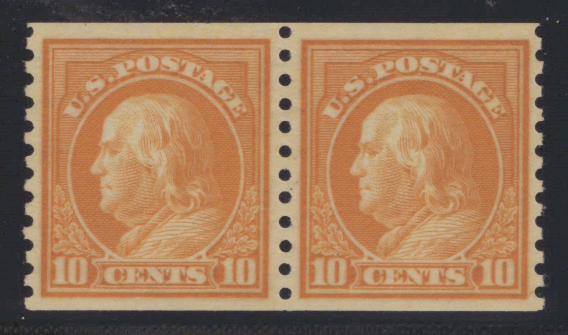 US 497 MNH XF Grade 90 PSAG 10c org yel Franklin Rotary perf 10 coil pair ZAYIX