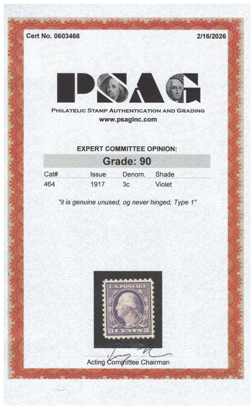 US 464 MNH XF Grade 90 1917 3c violet, Type 1 Washington Perf 10 ZAYIX