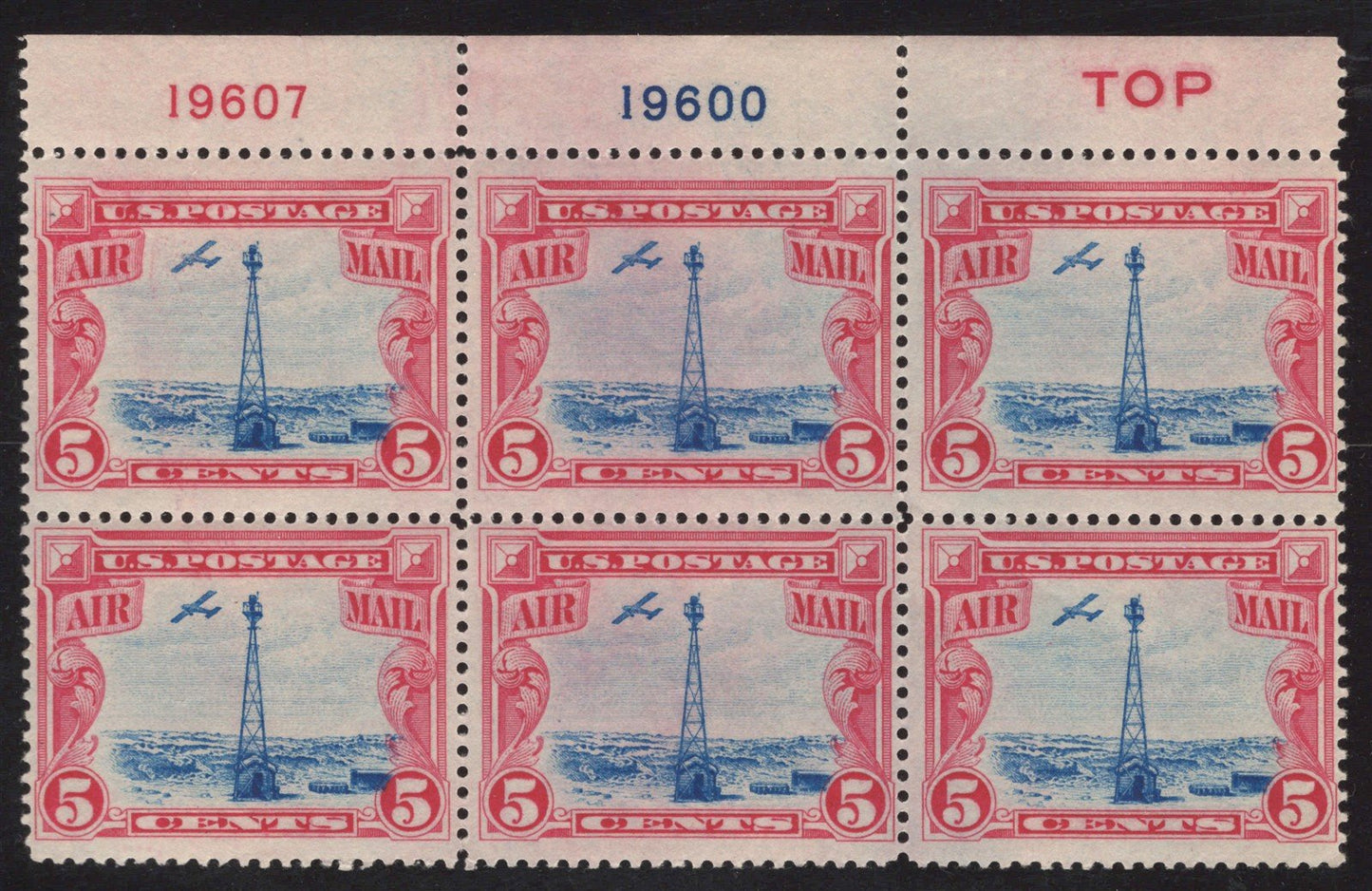 US C11 VLH F Plate Block 2 numbers, red "TOP" 5c car & blue Beacon airmail ZAYIX