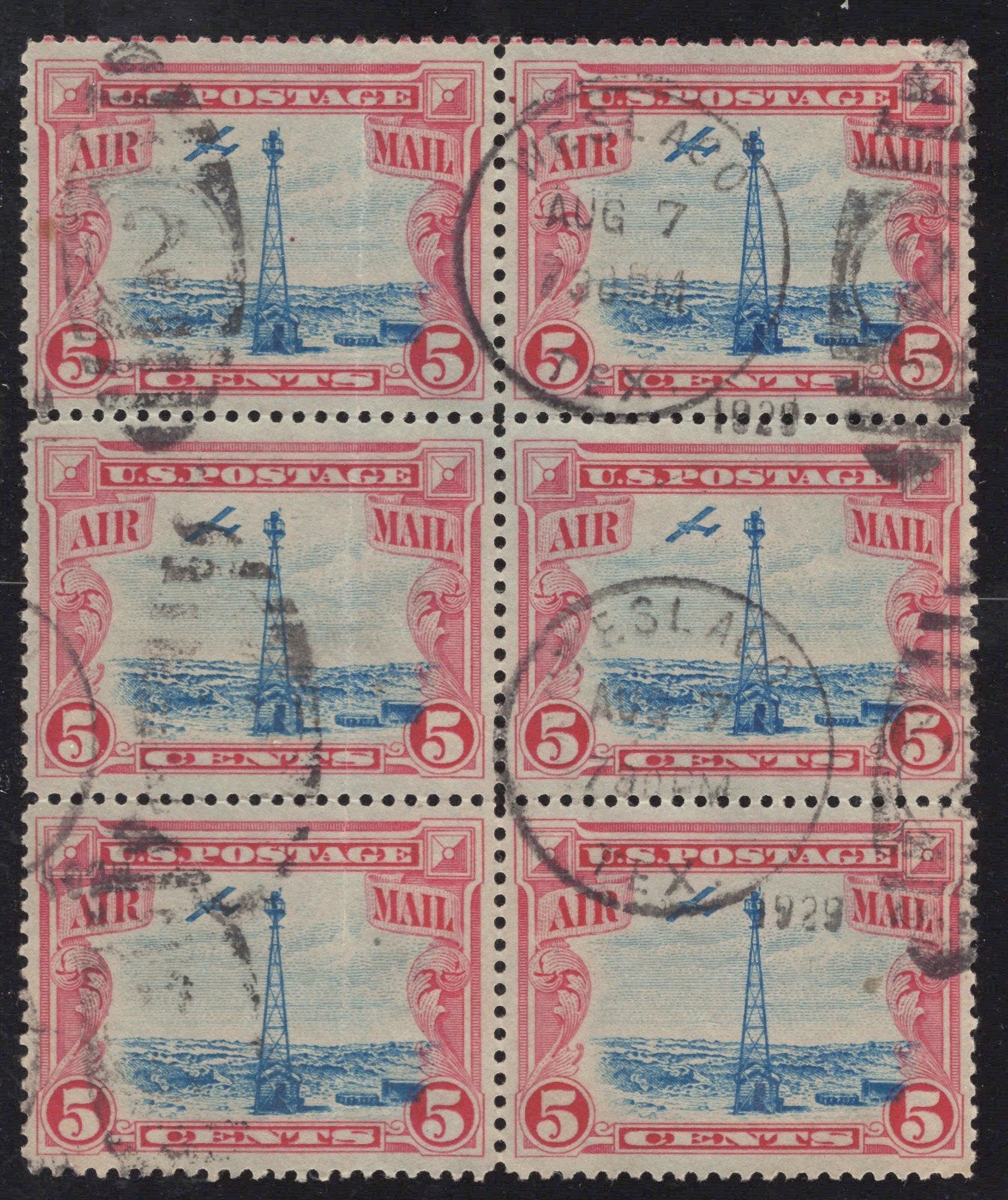 US C11 Used VF Block of 6 stamps, 5c carmine & blue Beacon airmail ZAYIX