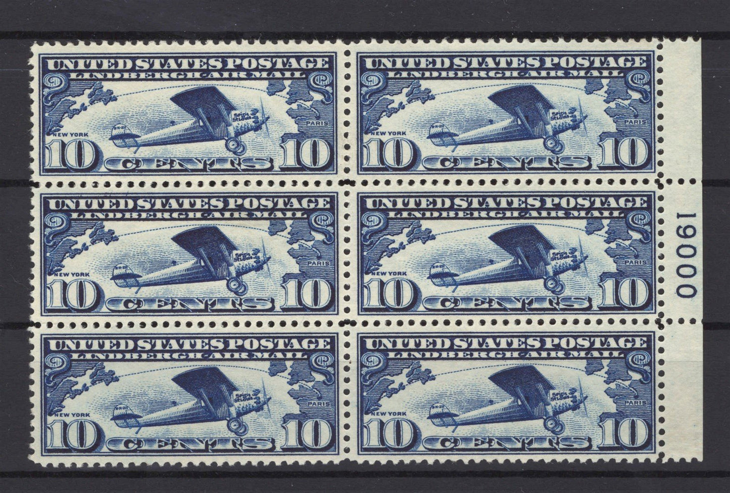 US C10 MLH VF Plate Block of 6 stamps, 1927 10c dk blue Lindbergh airmail ZAYIX