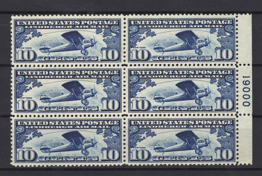 US C10 MLH VF Plate Block of 6 stamps, 1927 10c dk blue Lindbergh airmail ZAYIX