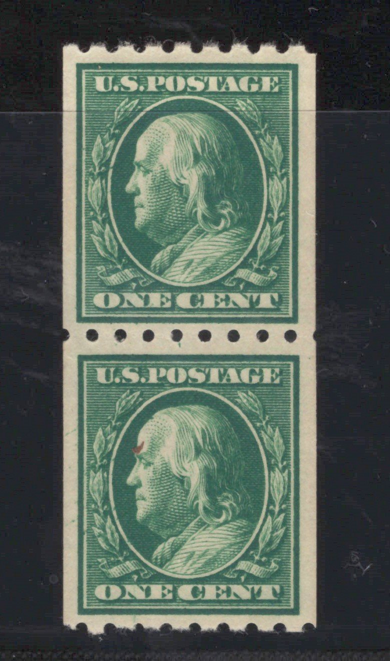 US 390 MH XF Grade 90 PSAG Cert, 1c green Franklin vertical coil pair ZAYIX