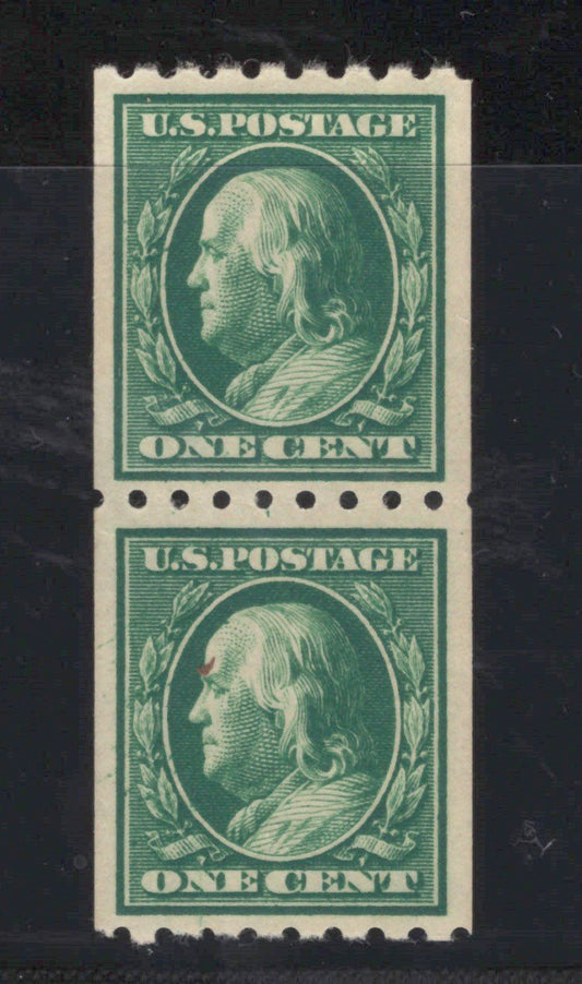 US 390 MH XF Grade 90 PSAG Cert, 1c green Franklin vertical coil pair ZAYIX