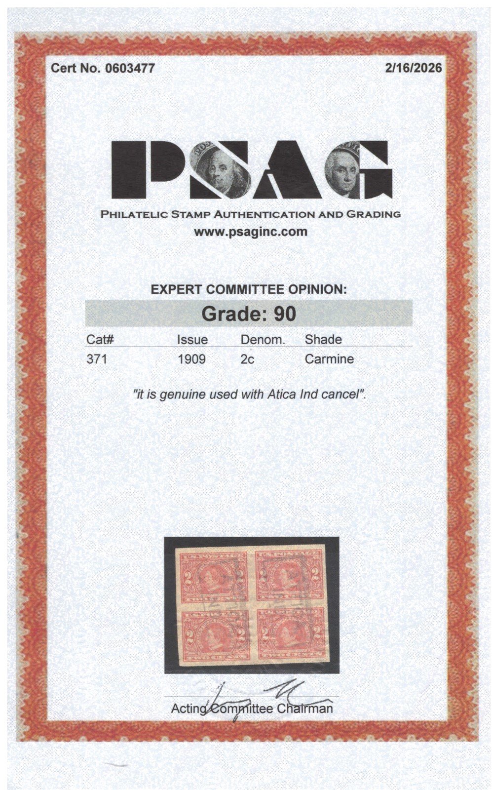 US 371 Used XF Grade 90 PSAG cert imperf block 2c carmine Seeward ZAYIX
