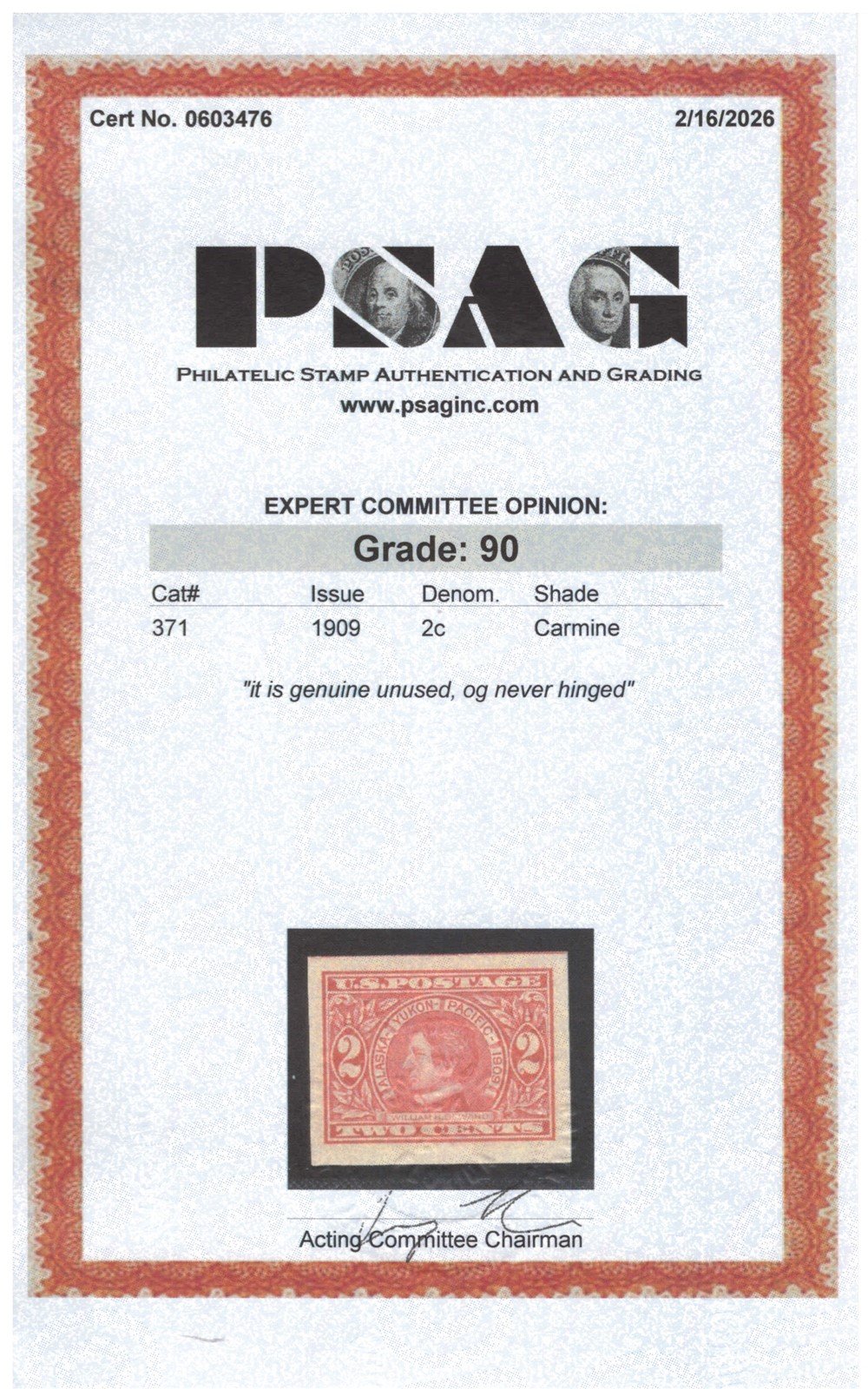 US 371 MNH XF Grade 90 PSAG cert imperf 2c carmine Seeward ZAYIX