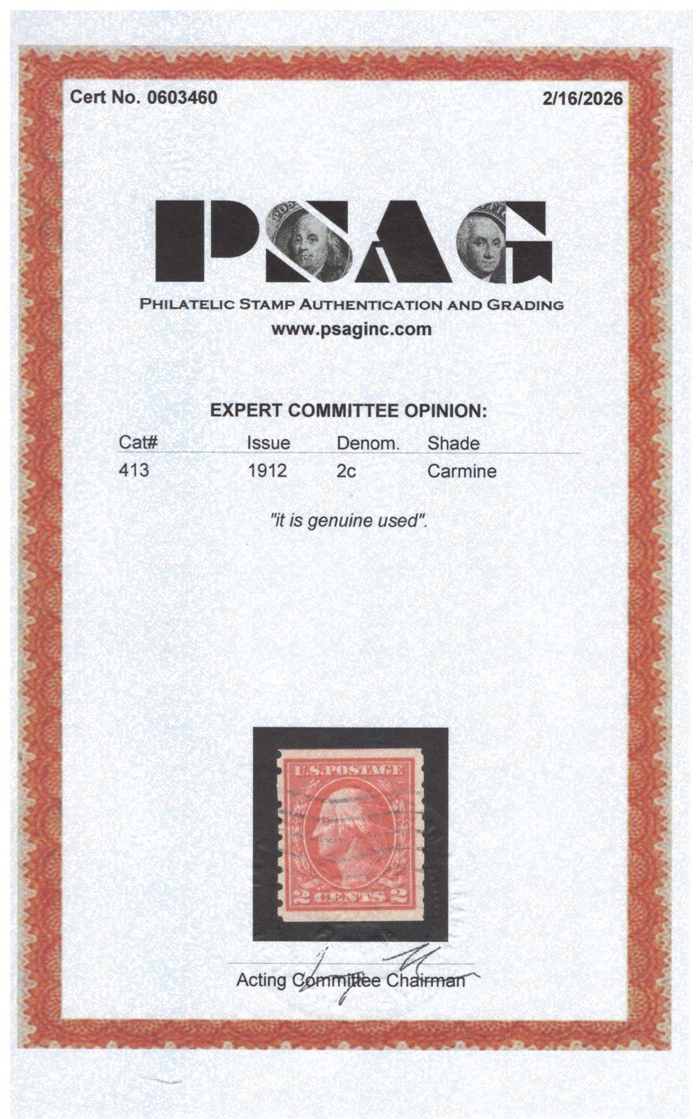 US 413 Used VF PSAG Cert 1912 2c carmine Washington Coil ZAYIX